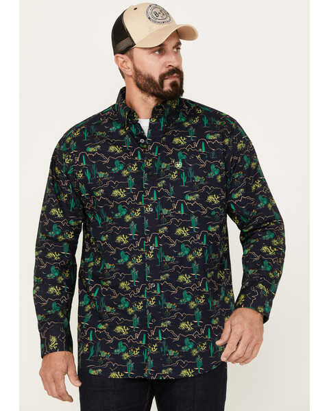 Image #1 - Ariat Men's Beckett All-Over Desert Print Button-Down Western Shirt , Navy, hi-res