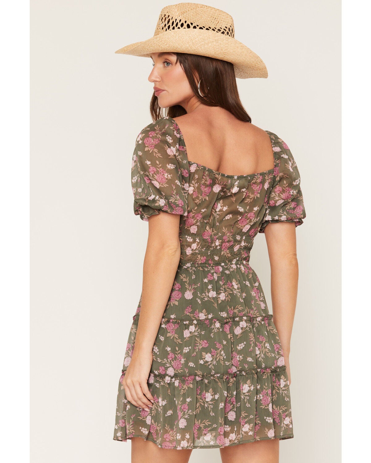 Image #4 - Trixxi Women's Floral Print Short Sleeve Mini Dress, Green, hi-res