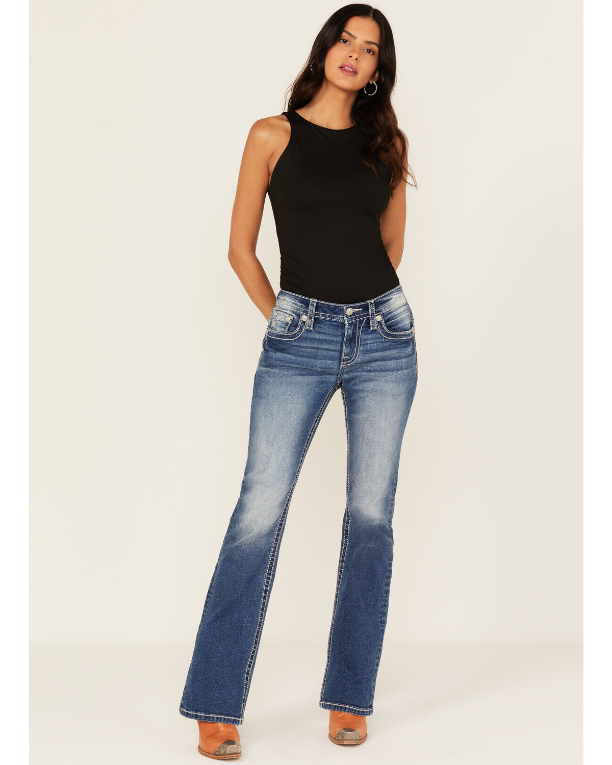 Image #3 - Miss Me Women's Medium Wash Mid Rise Southwestern Print Pocket Bootcut Stretch Denim Jeans, Medium Wash, hi-res