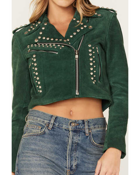 Image #4 - Understated Leather Women's Runway Studded Suede Moto Jacket, Green, hi-res