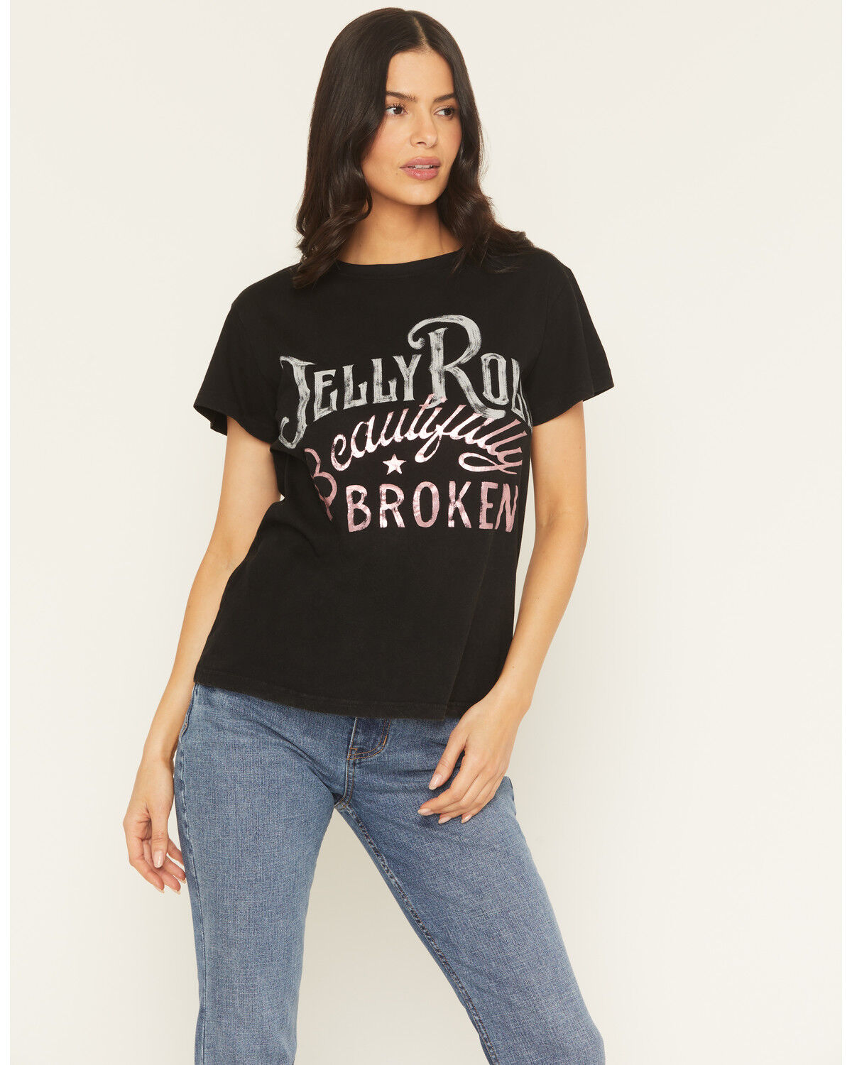 Image #1 - People of Leisure Women's Jelly Roll Beautifully Broken Short Sleeve Graphic Tee, Black, hi-res