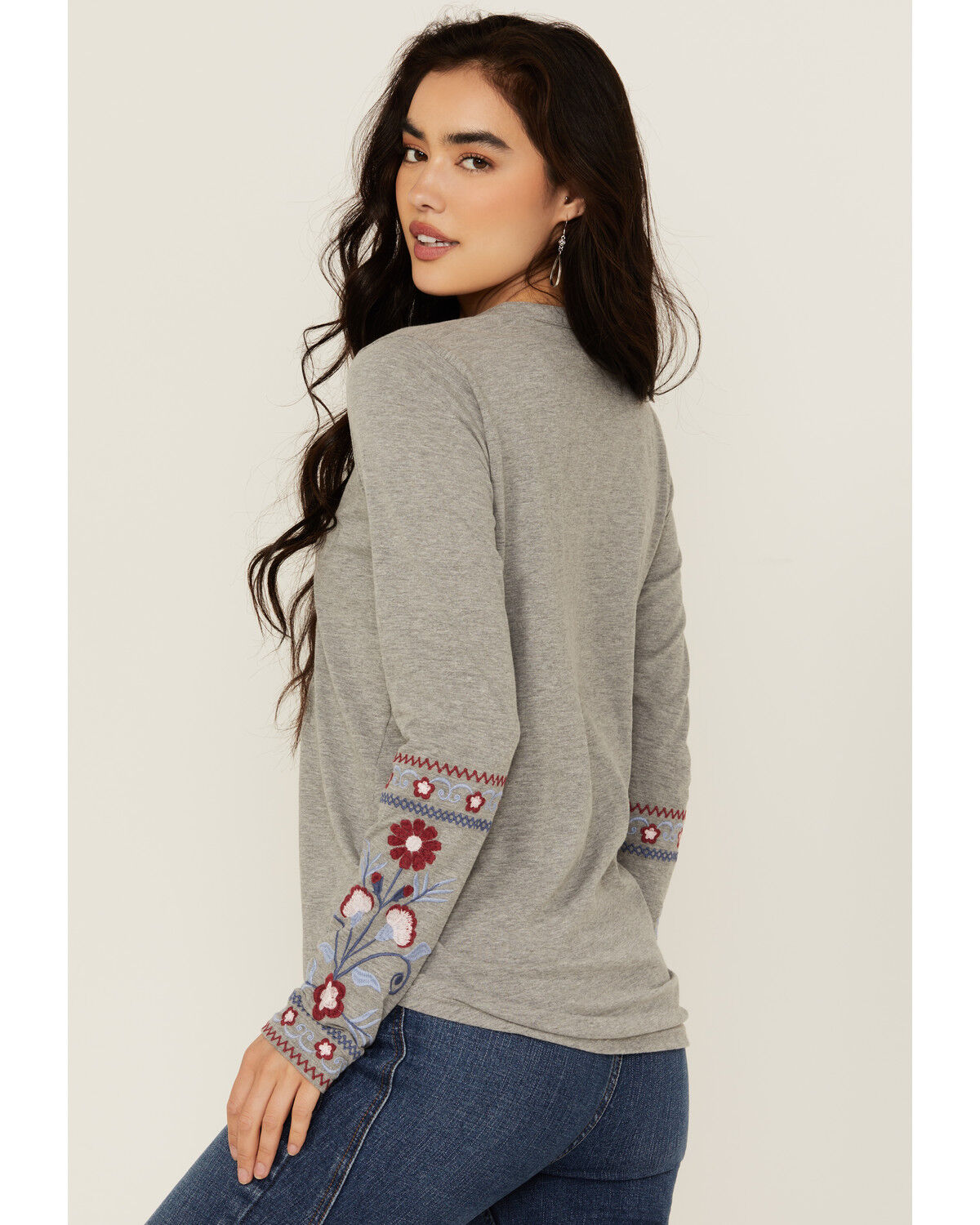 Image #4 - Roper Women's Floral Embroidered Long Sleeve Shirt, Grey, hi-res