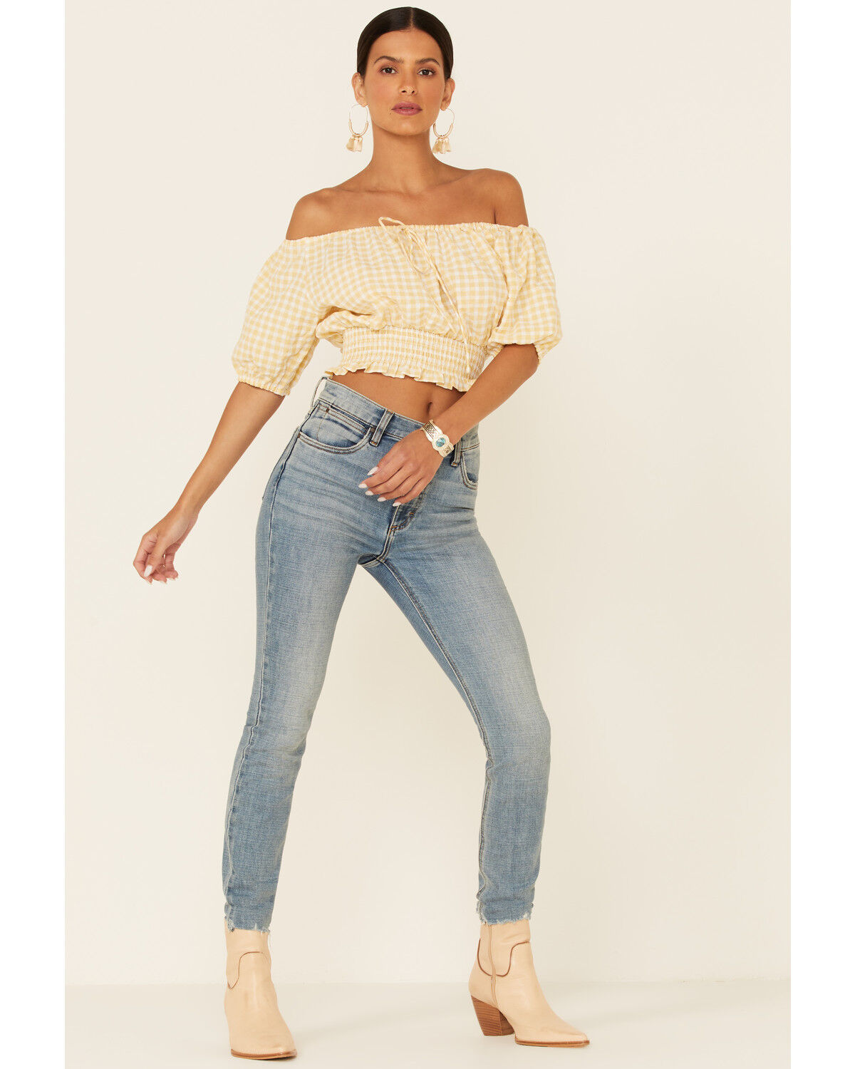 Image #2 - Beyond The Radar Women's Gingham Off-Shoulder Peasant Crop Top, , hi-res