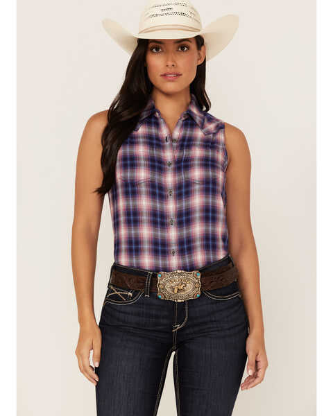 Image #1 - Ariat Women's R.E.A.L. Billie Jean Plaid Print Sleeveless Button-Down Western Shirt, Rust Copper, hi-res
