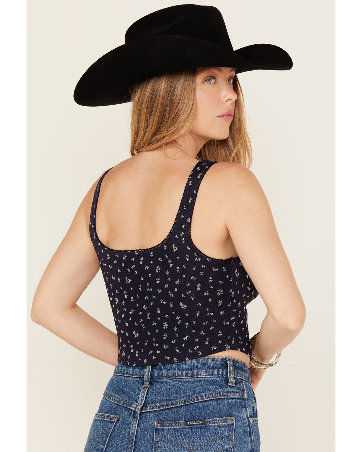 Image #4 - Originality Women's Floral Print Eyelet Cropped Corset Top, Navy, hi-res