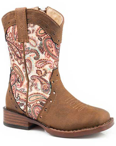 Image #1 - Roper Girls' Glitter Geo Print Western Boots - Round Toe, Brown, hi-res