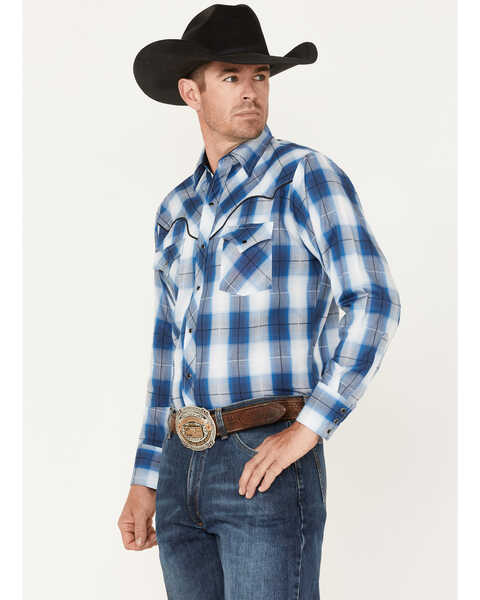 Image #2 - Ely Walker Men's Retro Plaid Print Long Sleeve Snap Western Shirt, Blue, hi-res