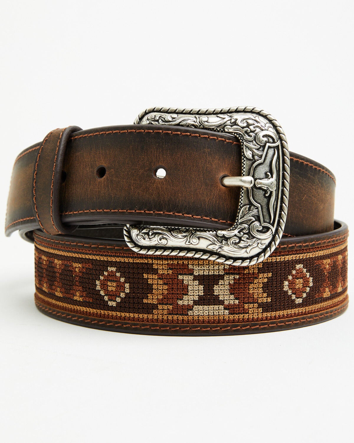Cody James Men's Southwestern Needlepoint Inlay Leather Belt, Dark Brown, hi-res