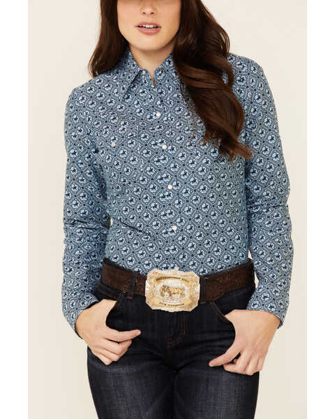 Image #3 - Amarillo Women's Oxford Horse Print Long Sleeve Pearl Snap Western Shirt , Blue, hi-res