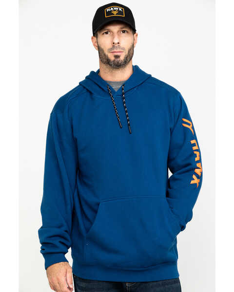 Hawx Men's Logo Sleeve Performance Fleece Hooded Work Sweatshirt , Blue, hi-res