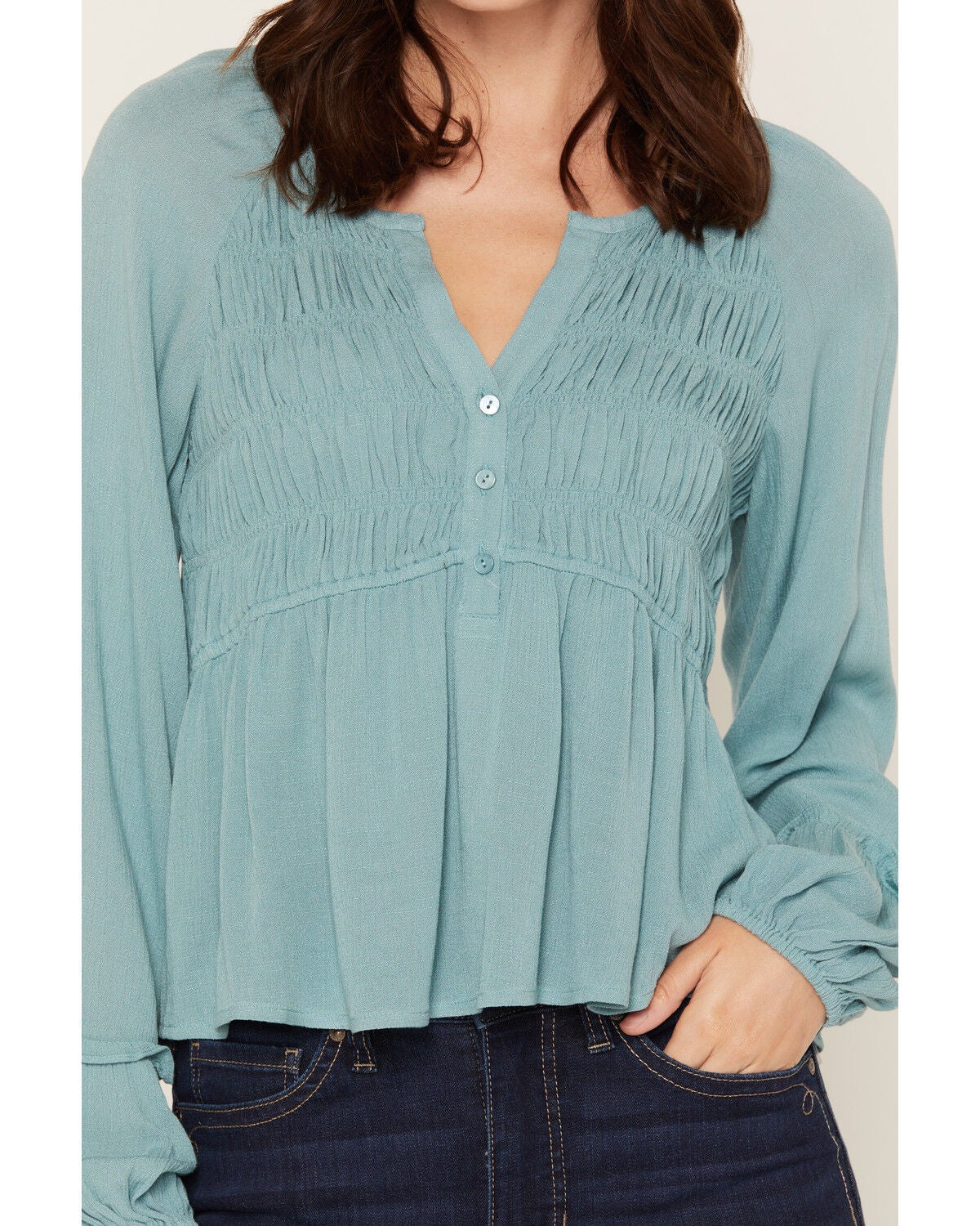 Image #3 - Lovestitch Women's Long Sleeve Rouched Front Top, Blue, hi-res