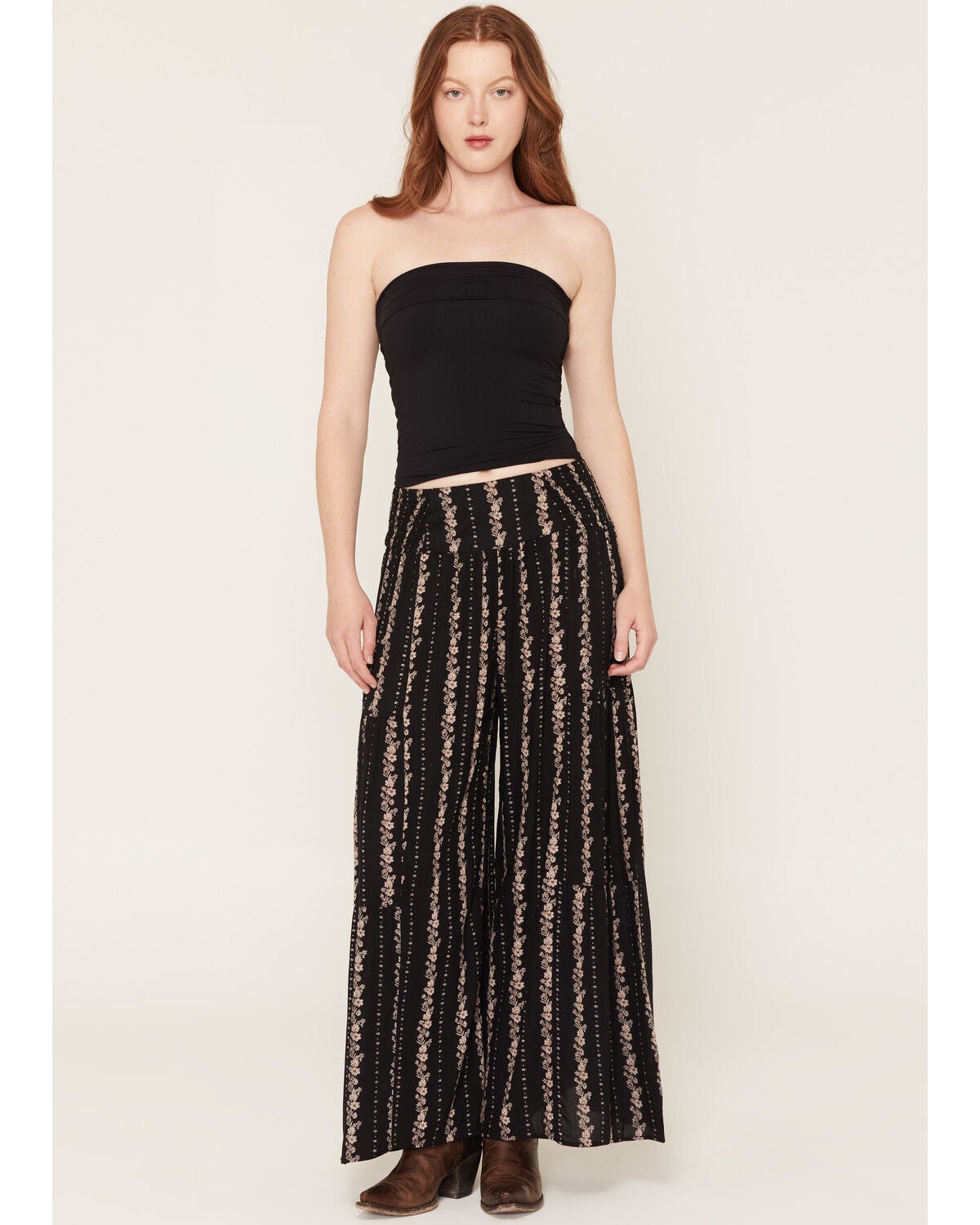 Angie Women's Floral Print Wide Leg Pants, Black, hi-res