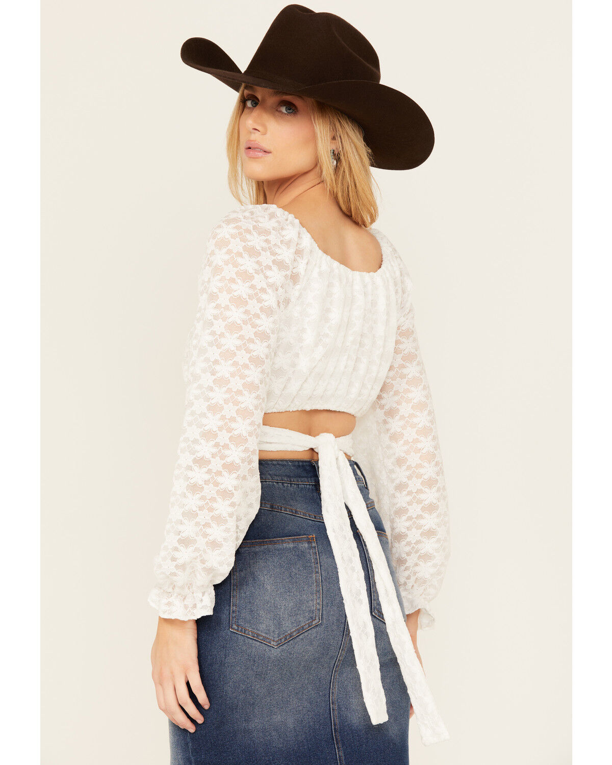 Image #4 - Beyond The Radar Women's Floral Lace Tie Back Long Sleeve Top, White, hi-res