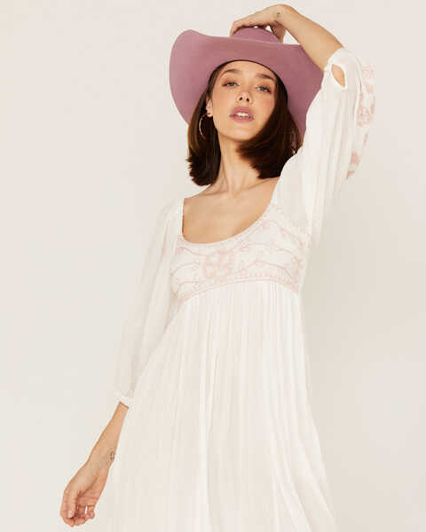 Image #2 - Free People Women's Wedgewood Embroidered Long Puff Sleeve Midi Dress, Ivory, hi-res