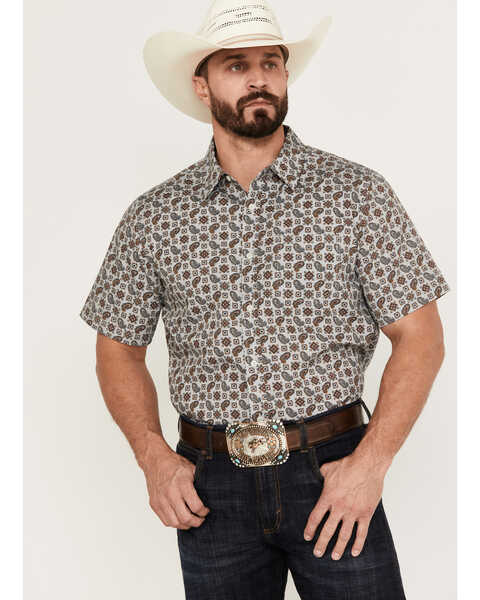 Gibson Men's Brightwood Paisley Print Short Sleeve Button Down Western Shirt, Steel, hi-res