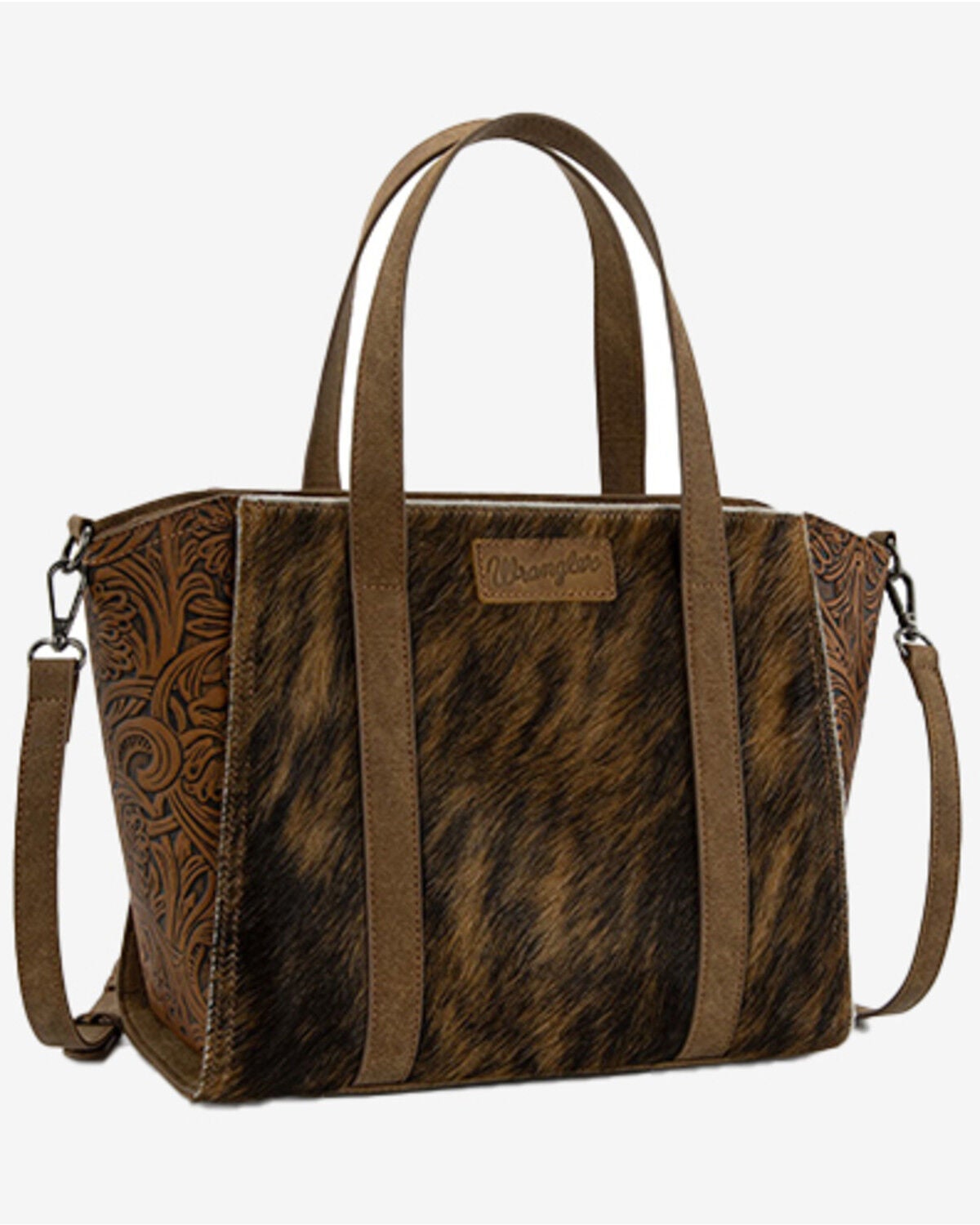 Wrangler Women's Cowhide Embossed Crossbody Tote Bag, Brown, hi-res