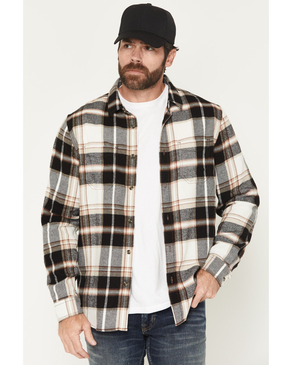 Image #1 - Brothers and Sons Men's Bunker Plaid Print Long Sleeve Button-Down Flannel Shirt, Cream, hi-res