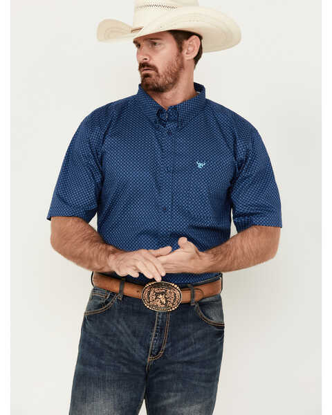 Cowboy Hardware Men's Boot Barn Exclusive Diamond Quilt Geo Print Short Sleeve Button-Down Western Shirt , Navy, hi-res