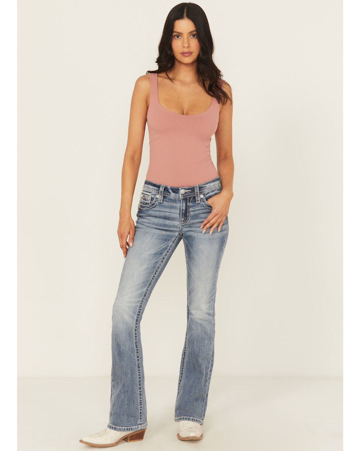 Image #3 - Miss Me Women's Dark Wash Mid Rise Floral Cross Pocket Stretch Denim Jeans, Dark Wash, hi-res