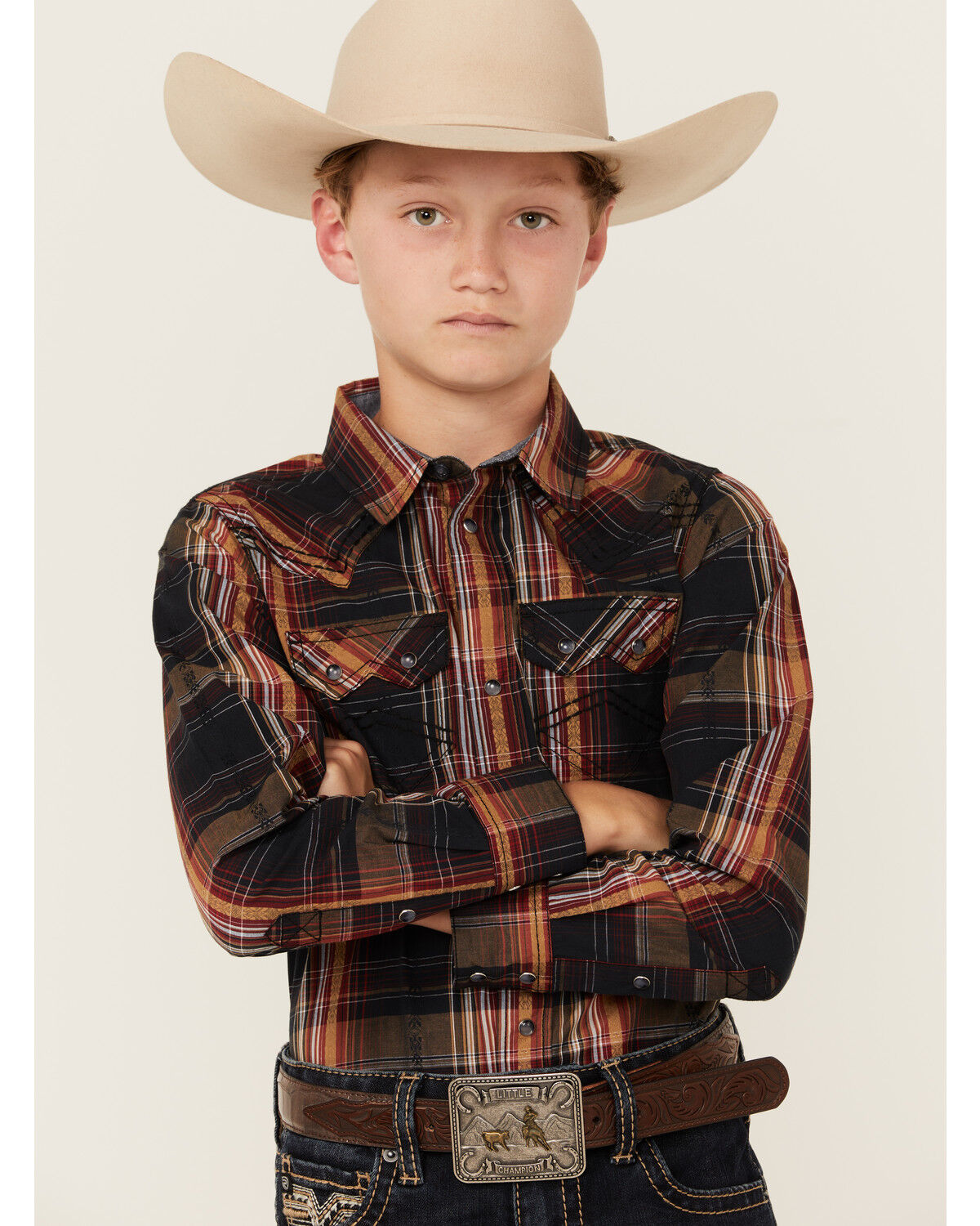 Image #1 - Cody James Boys' Trouble Dobby Plaid Print Long Sleeve Snap Western Shirt, Navy, hi-res