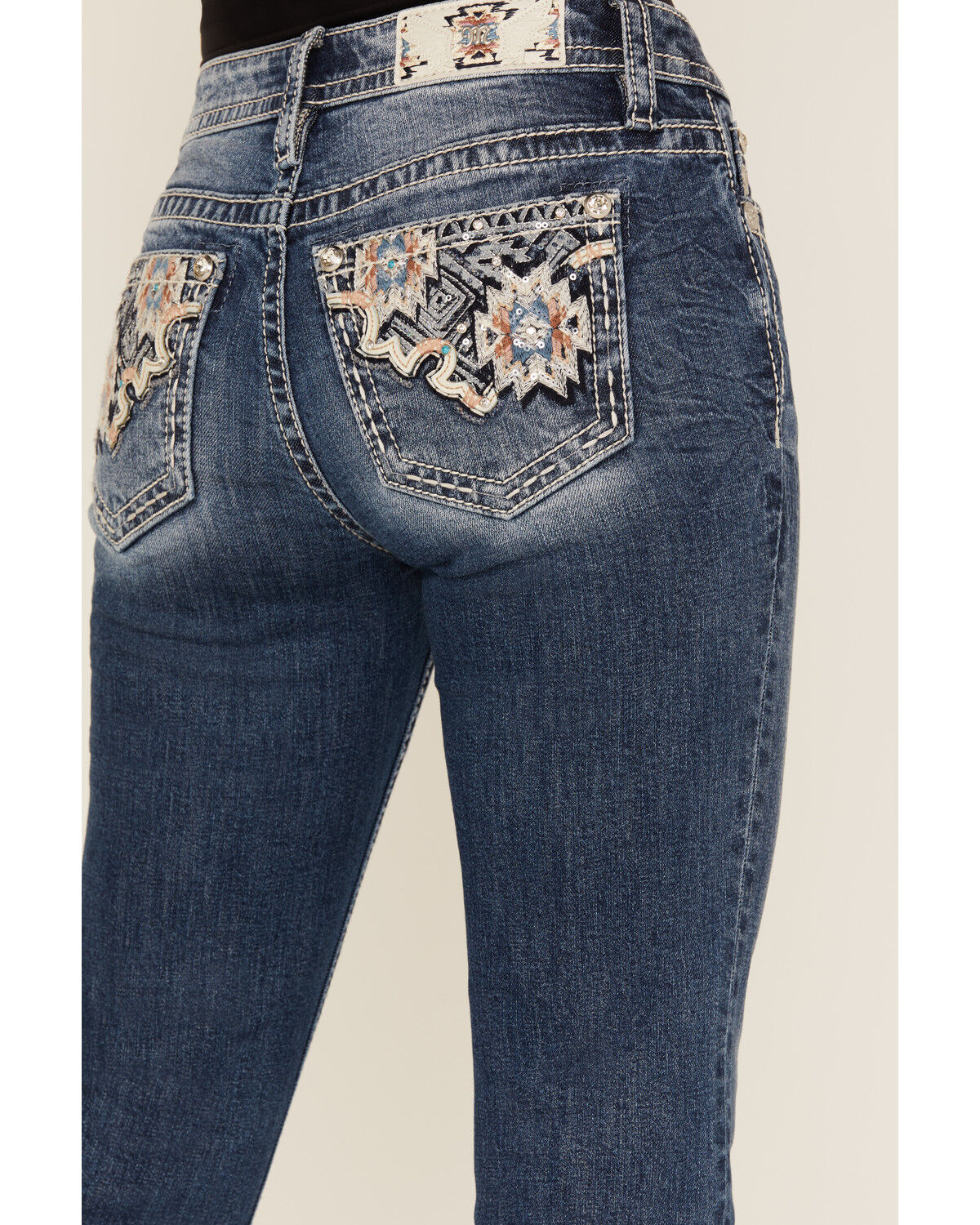 Image #2 - Miss Me Women's Medium Wash Mid Rise Geo Pocket Bootcut Stretch Denim Jeans, Medium Wash, hi-res