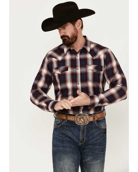 Cody James Men's Uncle Sam Plaid Print Long Sleeve Snap Western Shirt, Navy, hi-res