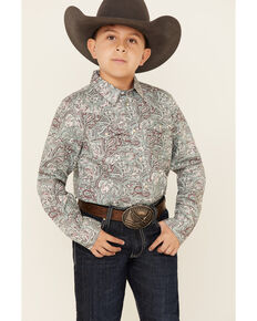 Cody James Boys' Grasslands Paisley Print Long Sleeve Western Shirt , Teal, hi-res