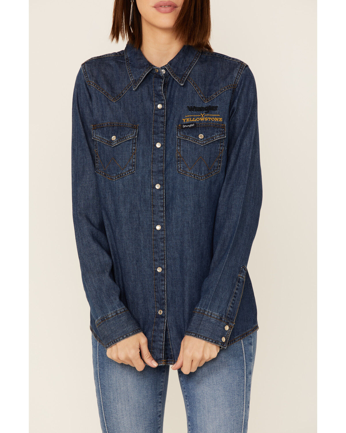 Image #3 - Wrangler X Yellowstone Women's Metallic Screen Print Pearl Snap Denim Shirt, , hi-res
