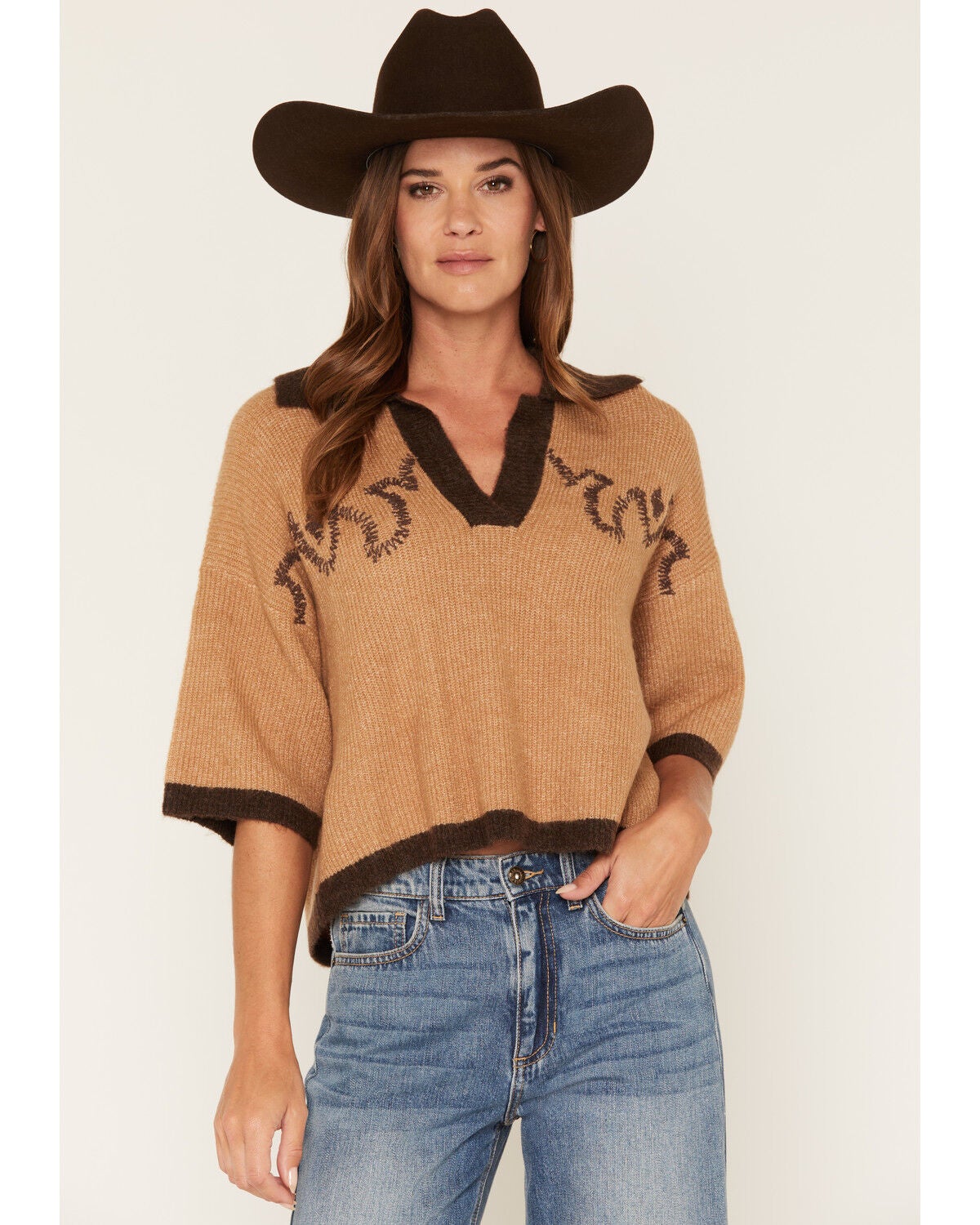 By Together Women's Short Sleeve Sweater, Camel, hi-res