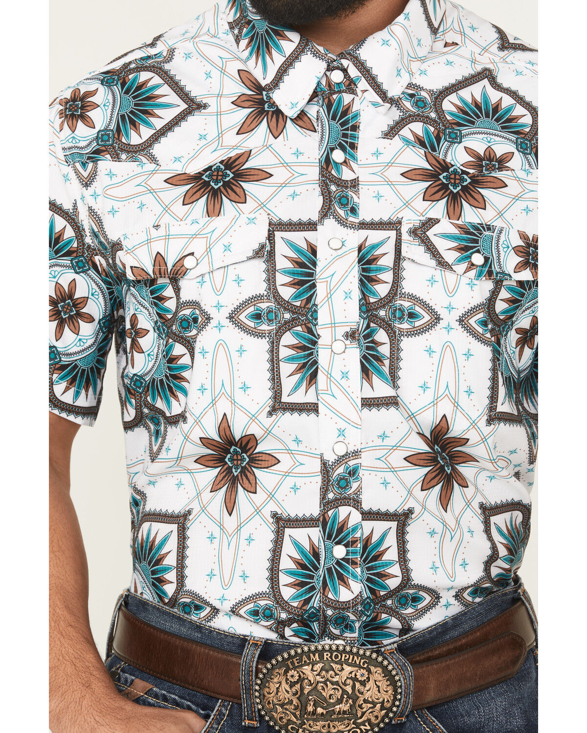 Image #3 - Rock & Roll Denim Men's Medallion Print Short Sleeve Snap Stretch Western Shirt, White, hi-res