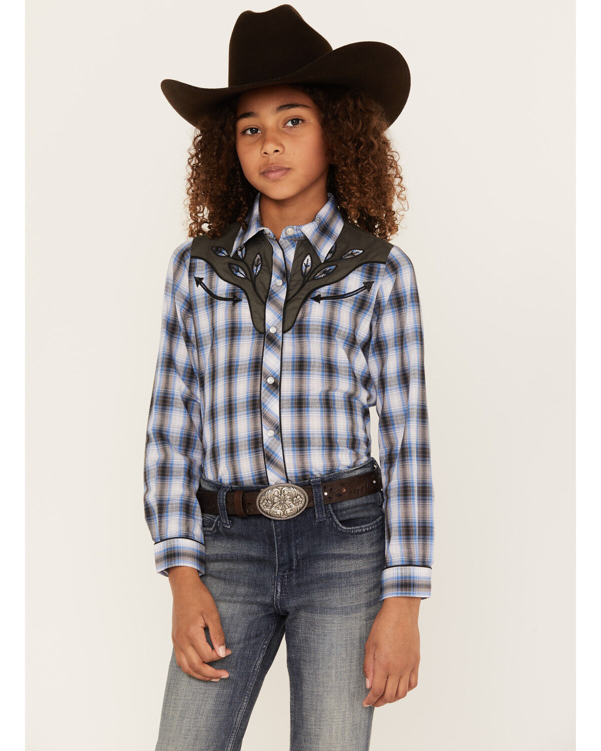 Image #1 - Roper Girls' Plaid Print Embroidered Yoke Long Sleeve Pearl Snap Western Shirt, Blue, hi-res