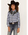 Roper Girls' Plaid Print Embroidered Yoke Long Sleeve Pearl Snap Western Shirt , Blue, hi-res