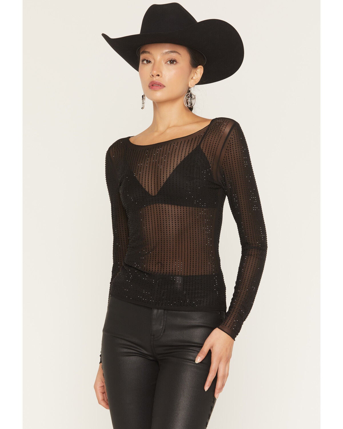 Idyllwind Women's Hollyhock Rhinestone Mesh Long Sleeve Shirt, Black, hi-res