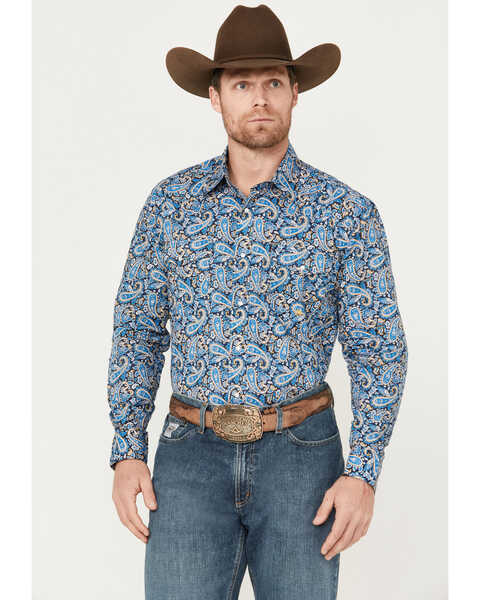 Roper Men's Amarillo Clear Skies Long Sleeve Pearl Snap Western Shirt, Blue, hi-res