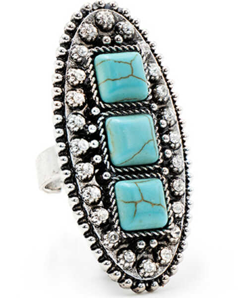 Image #1 - Cowgirl Confetti Women's Silver & Turquoise Rhinestone Oval-Shaped Statement Ring, Silver, hi-res