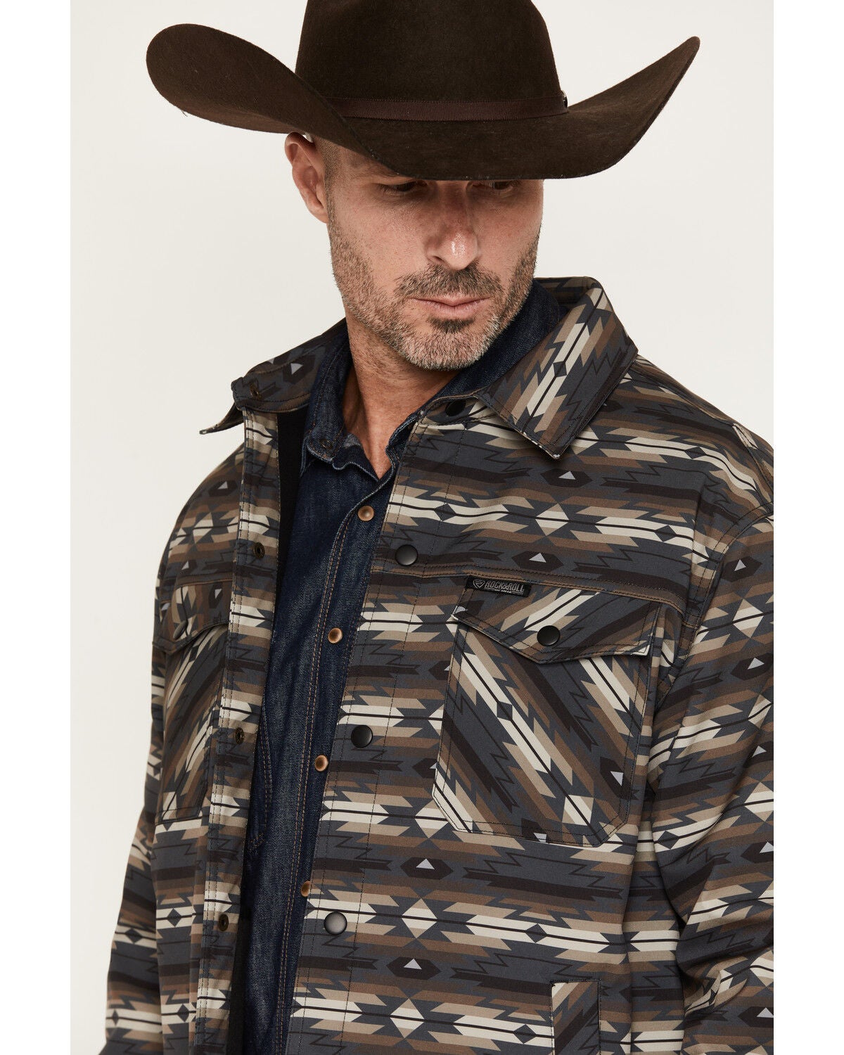 Image #2 - Rock & Roll Denim Men's Southwestern Print Softshell Trucker Jacket, Charcoal, hi-res