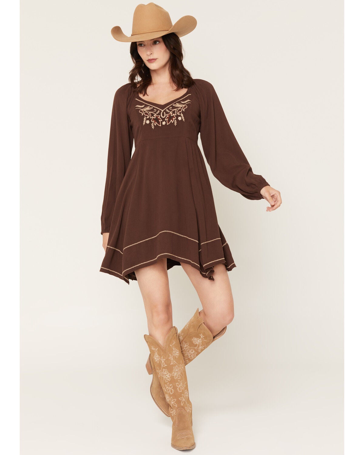 Shyanne Women's Piper Hanky Hem Embroidered Long Sleeve Mini Dress, Dark Brown, hi-res