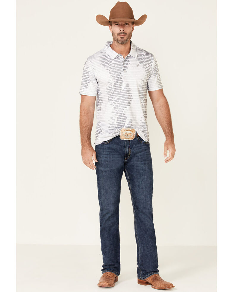 HOOey Men's Grey/White Leaf Print Weekender Short Sleeve Polo Shirt, White, hi-res
