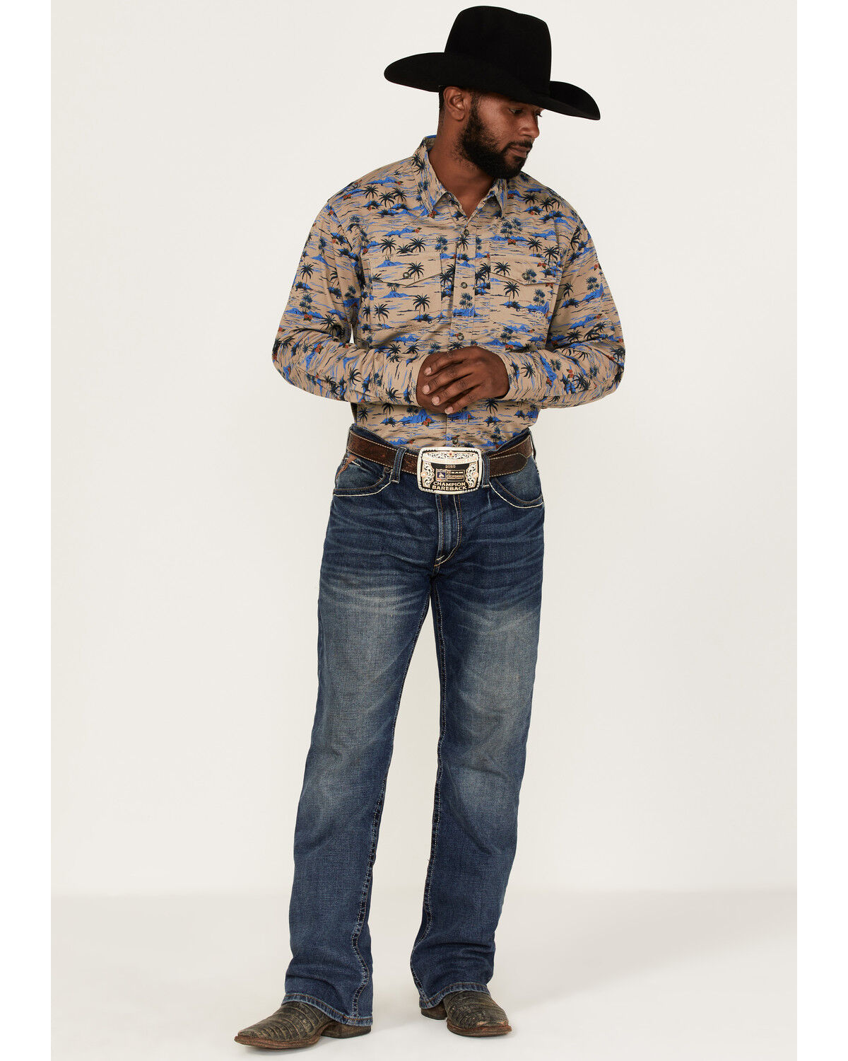 Image #2 - Ariat Men's Hart Retro Tropical Print Long Sleeve Snap Western Shirt, Tan, hi-res