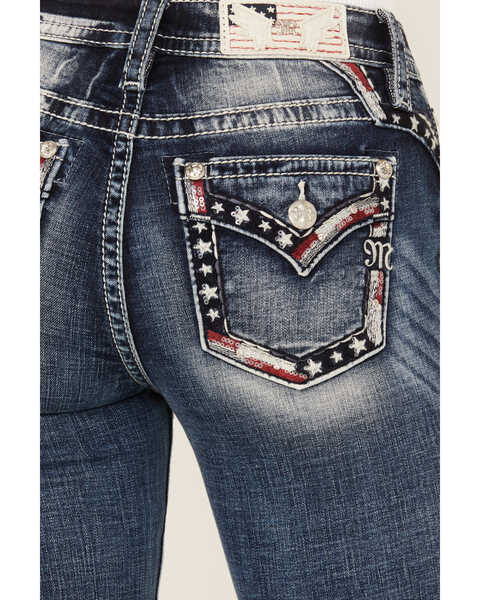 Image #2 - Miss Me Women's Dark Wash Mid Rise Americana Border Stretch Bootcut Jeans, Dark Blue, hi-res