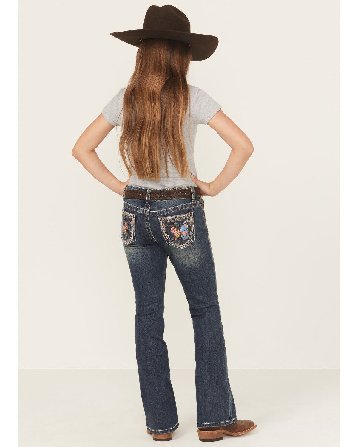 Grace in LA Girls' Medium Wash Floral Butterfly Pocket Bootcut Stretch Denim Jeans, Blue, hi-res