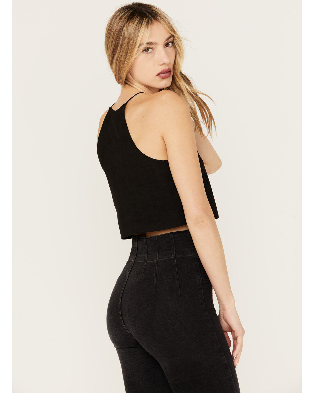 Image #4 - Vocal Women's Faux Suede Eyelet Halter Crop Top, Black, hi-res
