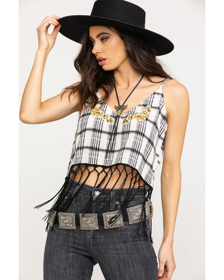 Shyanne Women S Plaid Embroidered Floral Fringe Crop Top Country Outfitter