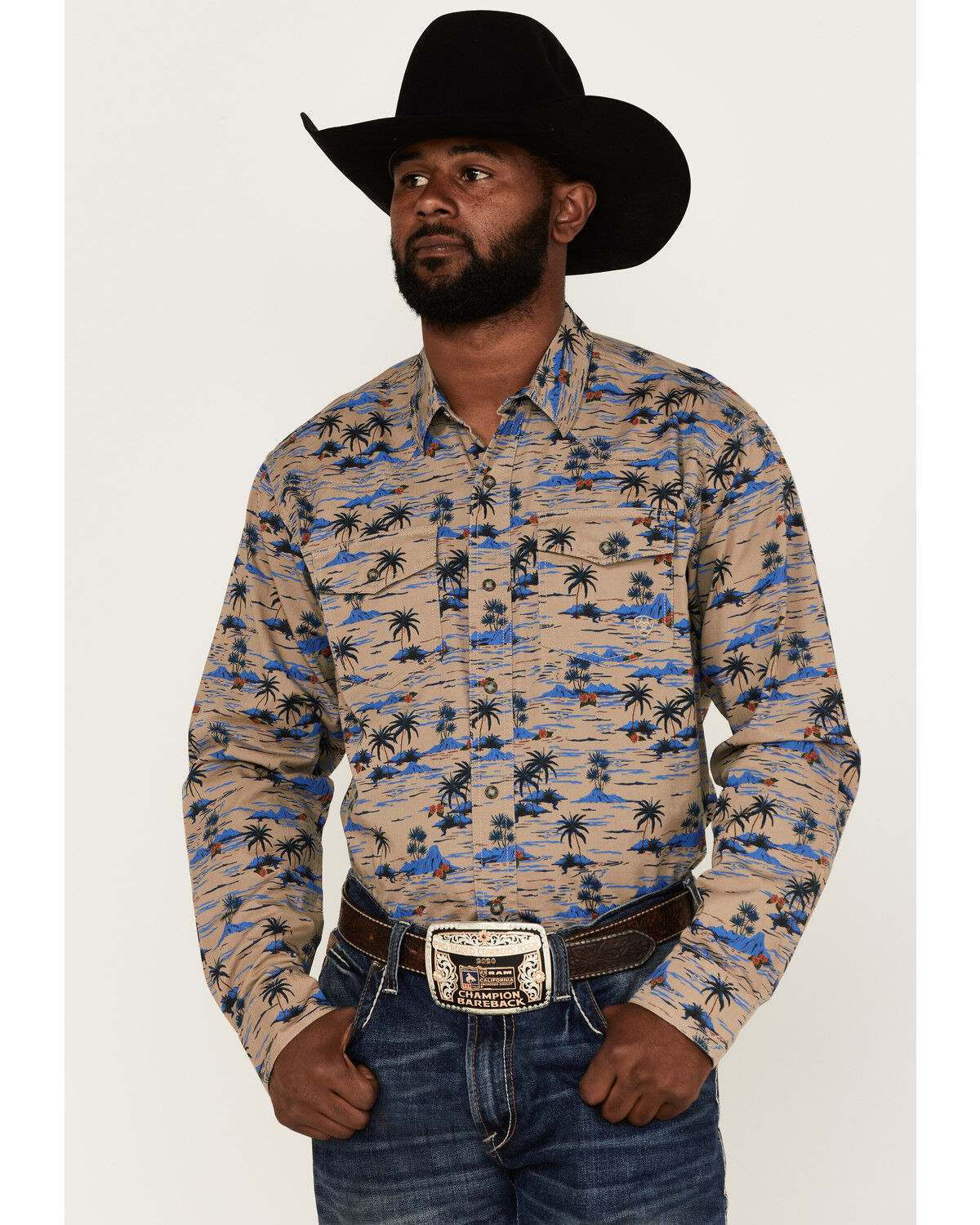 Image #1 - Ariat Men's Hart Retro Tropical Print Long Sleeve Snap Western Shirt, Tan, hi-res
