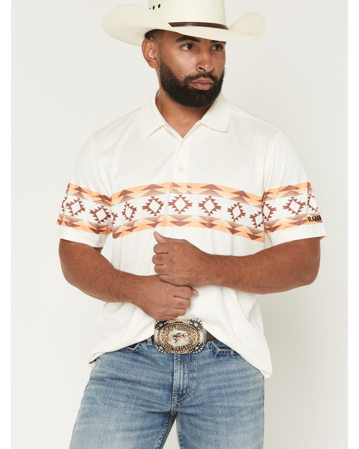 RANK 45&reg; Men's Josey Southwestern Border Short Sleeve Button-Down Polo Shirt, Cream, hi-res