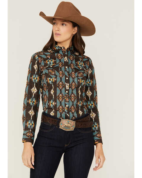 Panhandle Women's Southwestern Print Long Sleeve Snap Western Shirt, Brown, hi-res