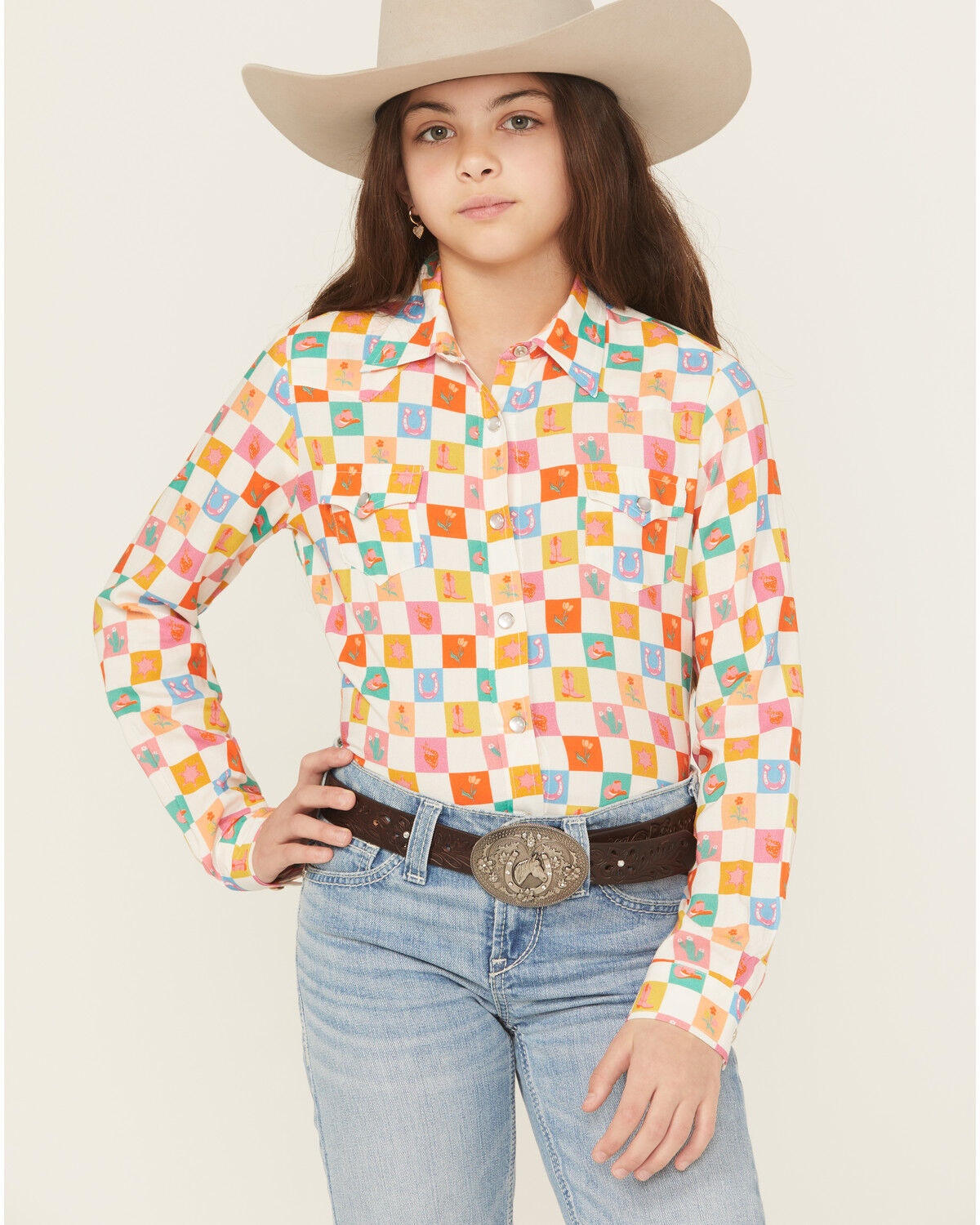 Image #1 - Roper Girls' Western Checkered Long Sleeve Pearl Snap Western Shirt, Multi, hi-res