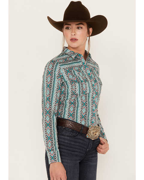 Image #2 - RANK 45® Women's Southwestern Striped Print Long Sleeve Snap Western Riding Shirt, Teal, hi-res