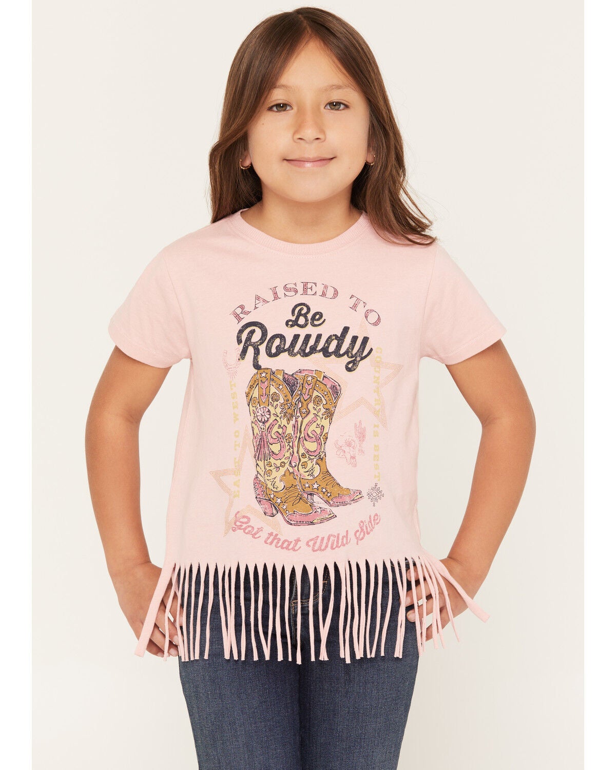 Image #1 - Shyanne Girls' Raised To Be Rowdy Short Sleeve Fringe Graphic Tee, Light Pink, hi-res