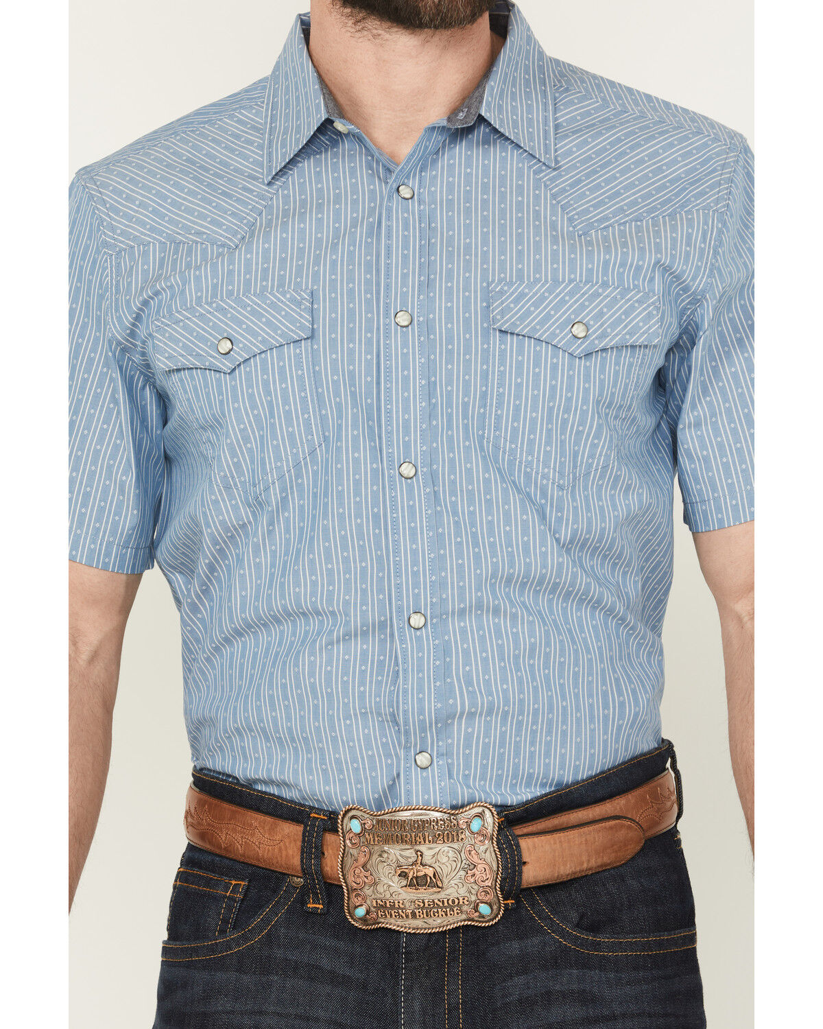 Image #3 - Cody James Men's Cowboy Way Striped Print Short Sleeve Snap Western Shirt, Light Blue, hi-res